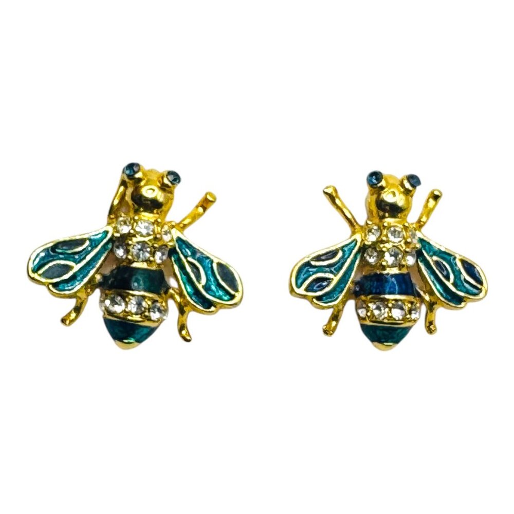 Vintage Bee Shaped Gold-Tone Clip-On Earrings W Rhinestones & Enamel Accents